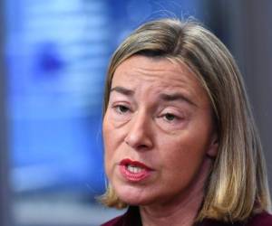 EU's High representative for foreign affairs and security policy Federica Mogherini speaks during a Foreign Affairs council at the European Council in Brussels, on February 26, 2018. / AFP PHOTO / Emmanuel DUNAND