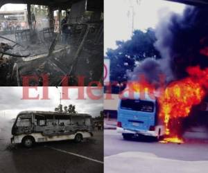 Tres buses rapiditos fueron quemadas el jueves 6 de diciembre enfrente de la Universidad Nacional Autónoma de Honduras (UNAH). Un grupo de encapuchados les roció gasolina y las incendió. Fotos Emilio Flores y Alex Pérez| EL HERALDO