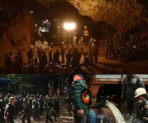 Los socorristas movilizados para encontrar a los 12 niños y su entrenador atrapados desde hace seis días en una cueva inundada de Tailandia. Foto: Agencia AFP