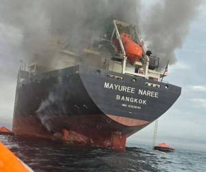 El portacontenedores 'Mayuree Naree', cuya nacionalidad no fue revelada, también recibió fuego iraní por insistir ilegalmente en atravesar el estrecho