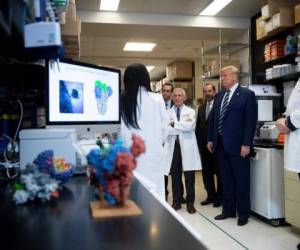 El director del Instituto Nacional de Alergias y Enfermedades Infecciosas realiza junto al presidente Trump un recorrido por el Centro de Investigación de los Institutos Nacionales de Salud. Foto: AFP.