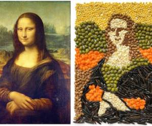 La combinación muestra una reproducción sin fecha del retrato 'Mona Lisa' de Leonardo da Vinci y la recreación realizada por Julia Tabolkina para la página Izoizolyacia en Facebook, en Moscú. Fotos: AP.