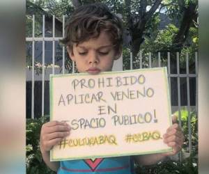 Sebastián Dangond Araújo, de 5 años, protesta por la pérdida de su mascota Coco por envenenamiento. Foto cortesía Instagram