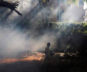 Un trabajador de la Corporación Municipal de Mumbai fumiga un vecindario de la ciudad, en el estado de Mumbai, Maharashtra, India, el 10 de junio de 2020.