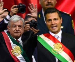 En 2010 se modificó el diseño y Enrique Peña Nieto la recibió con un orden invertido. En 2018 AMLO la recibió con el orden de los colores en la bandera de México. Fotos AFP