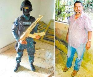Un agente de la policía TIGRES posa con el fusil AK-47 y los dos cargadores bañados en oro encontrados en la vivienda donde estaba José Inocente Valle Valle, capturado por las autoridades policiales en medio de la Operación Saturno 2.