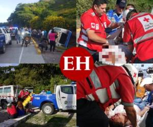 Bebés, mujeres y adultos mayores resultaron gravemente heridos tras el volcamiento de un rapidito en el kilómetro 41 de la carretera al sur de Honduras. Fotos: Cortesía / Estalin Irías / EL HERALDO.