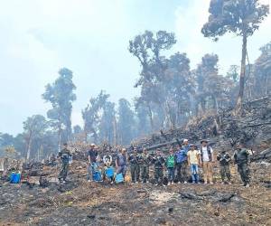 Brigadistas del ICF, la 120 Brigada de Infantería, la Fuerza de Tarea Maya-Chortí, la Municipalidad y comunidad de San Antonio, Copán, luchan por combatir los incendios en Cerro Azul.