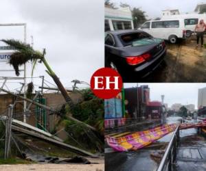 Fuertes ráfagas de viento, lluvia, postes y árboles caídos dejaba el huracán Delta en la ciudad de Cancún (sureste), tras tocar tierra este miércoles en la costa caribeña mexicana, donde no se reportan víctimas. Fotos: AFP/AP