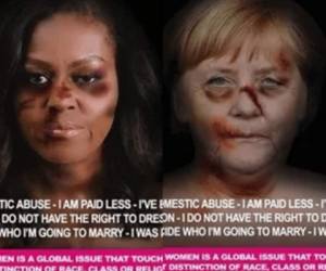 Michelle Obama y Merkel aparecen en cartel golpeada en campaña para detener violencia de género. Fotos redes sociales