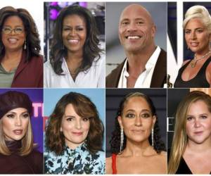 Oprah Winfrey, la ex primera dama Michelle Obama, Dwayne Johnson y Lady Gaga; y abajo, Jennifer López, Tina Fey, Tracee Ellis Ross y Amy Schumer. Foto: AP.