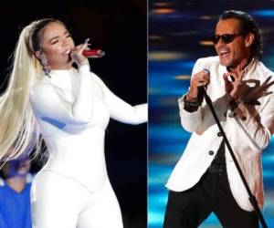 Karol G canta en la ceremonia inaugural de la Copa América en Sao Paulo, Brasil, el 14 de junio de 2019; Marc Anthony actúa en la ceremonia de los Latin Grammy Awards en Miami el 19 de noviembre de 2020. Foto: AP