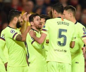 Celebración del gol que anotó en su propio arco Luke Shaw. Barcelona celebró el error del jugador del Manchester United. Foto:AFP