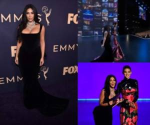 La famosa socialité Kim Kardashian pasó un incómodo momento con su vestuario cuando caminaba por el escenario durante la presentación de los premios Emmy 2019. Aquí te mostramos cómo lucía. Fotos: AFP.