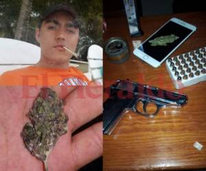 En una de las fotografías evacuadas en el juicio se logró identificar un arma de fuego con su cargador, municiones y marihuana.