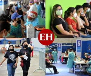 La Secretaría de Salud autorizó este lunes que se comenzara a vacunar a los jóvenes de 18 años sin restricciones, por lo que cientos de ellos llegaron a los centros de vacunación de la capital de Honduras. Foto: Marvin Salgado/EL HERALDO.