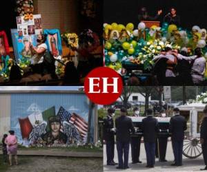 Banderas de Estados Unidos, Texas y México ondearon a media asta el viernes mientras una carroza tirada por caballo y adornaba con flores blancas trasladaba el féretro verde que llevaba los restos de una soldado asesinada. Fotos: Agencia AP.
