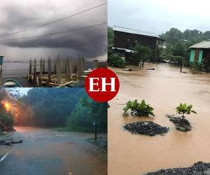 La poderosa tormenta tropical Nana comienza a causar los primeros estragos en el departamento de Islas de la Bahía, Honduras. En horas de la noche ya se registraban inundaciones y caída de muros. Fotos Copeco| Cuerpo de Bomberos