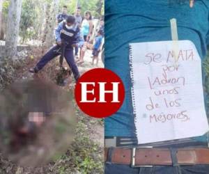 A la izquierda, un policía y varios pobladores observan el cuerpo de Nanis Nahúm Ceballos Interiano dentro de una cuneta en Copán. A la derecha, el cuerpo de un hombre sobre el que se dejó un rótulo acusándolo de ser un ladrón en Santa Bárbara.