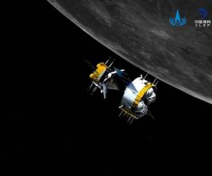 Esta ilustración proporcionada por la Administración Nacional China del Espacio muestra a la sonda orbital y el módulo de regreso de la nave china Chang'e 5 tras separarse del módulo de ascenso, en el Centro de Control Aeroespacial de Beijing, el domingo 6 de diciembre de 2020. La nave inició el domingo 13 de diciembre de 2020 el regreso a Tierra con muestras de rocas lunares. (China National Space Administration. Foto: AP