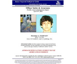 This undated image released by the Boston Regional Intelligence Center shows a Wanted Poster of Boston Marathon bombing suspect Dzhokhar Tsarnaev, who is the subject of a April 19, 2013 manhunt in the Boston area. One of the Boston marathon bombing suspects was killed in a shootout early April 19 as police raced on a house-to-house search for the second, with the entire city placed on lockdown. NBC News reported that the two young men believed to be responsible for Monday's deadly carnage at the finish line of the prestigious race are brothers of Chechen origin who were permanent legal residents of the United States. == RESTRICTED TO EDITORIAL USE / MANDATORY CREDIT: 'AFP PHOTO / BOSTON REGIONAL INTELLIGENCE CENTER / NO SALES / NO MARKETING / NO ADVERTISING CAMPAIGNS / DISTRIBUTED AS A SERVICE TO CLIENTS ==