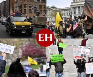 Cientos de personas, incluidos varios legisladores y simpatizantes del presidente Donald Trump, se reunieron el lunes en Harrisburg, Pensilvania, en una protesta contra las medidas de confinamiento para contener al coronavirus. Foto: Agencias AFP.