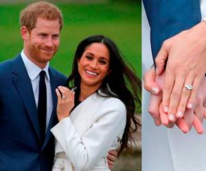 El príncipe Harry y Meghan Markle en el anuncio de su compromiso. Aquí se muestra la joya en su estado original.