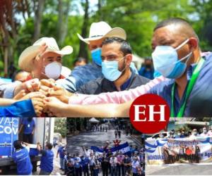 Con pancartas, banderas, emoción y mucho agradecimiento, alcaldes hondureños recibieron este día la donación de 34,000 vacunas anticovid donadas por el presidente de El Salvador, Nayib Bukele. La llegada y entrega de los camiones con el lote de insumos llegó la mañana de este jueves a la frontera de 'El Poy', donde se encontraban los compatriotas con la esperanza de llevar el antídoto a su población más vulnerable. FOTOS CORTESÍA:@secretaríadecomunicaciones