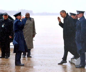 US President Barack Obama steps off Air Force One October 29, 2012 upon arrival at Andrews Air Force Base in Maryland. Obama cancelled his appearance at a campaign rally in Orlando, Florida and returned early to Washington, DC to monitor response to Hurricane Sandy. Much of the eastern United States was in lockdown mode October 29, 2012 awaiting the arrival of a hurricane dubbed 'Frankenstorm' that threatened to wreak havoc on the area with storm surges, driving rain and devastating winds. AFP PHOTO/Mandel NGAN