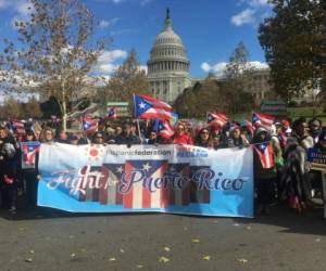 Los manifestantes se concentraron en el Capitolio blandiendo banderas puertorriqueñas y banderolas en las que llamaban a 'Luchar por Puerto Rico'. (AFP)
