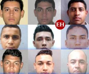 Rostros de los nueve sospechosos de portación ilegal de armas y tráfico de drogas agravado. Siete son policías.