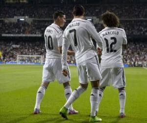 James, Cristiano y Marcelo bialan el 'Ras Tas Tas'. / AFP