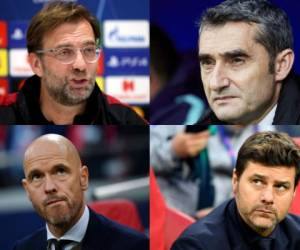 Los cuatro entrenadores: arriba Jürgen Klopp y Ernesto Valverde, abajo Erik Ten Hag y Mauricio Pochettino. FOTOS: Agencias