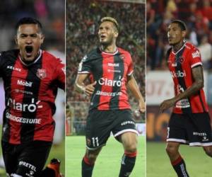 Roger Rojas, Álex López y Henry Figueroa, los tres legionarios hondureños que marcaron para la Liga Deportiva Alajuelense este domingo.