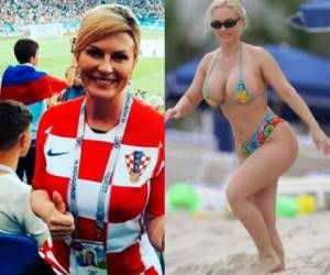 Al lado izquierdo Kolinda Grabar-Kitarovic, la presidenta de Croacia, al lado derecho Coco Austin en bikini. Foto AFP| Twitter