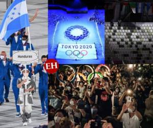 Sin público en las graderías, así se llevaron a cabo los actos de inauguración de los Juegos Olímpicos de Tokyo 2020. La bandera de Honduras flameó en la pista olímpica. Fotos:AFP