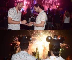El expresentador hondureño se comprometió con su novio Rodrigo Herrera en uno de los parques temáticos de Disney, en Orlando, Florida, Estados Unidos. Fotos: Cortesía Facebook Carlos Mendoza
