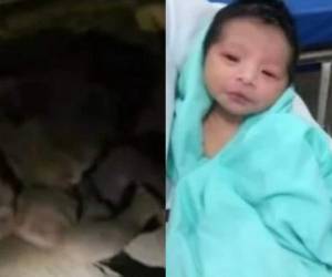 En la imagen la recién nacida al momento de ser hallada por la policía enterrada, a la par horas después mientras era atendida en un hospital.