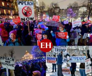 A un paso de convertirse en el tercer presidente de Estados Unidos en enfrentar un juicio político, Donald Trump lanzó el martes un ataque furibundo contra la oposición demócrata, mientras en las calles de Boston y Nueva York ciento exigían lo lleven a juicio político. Fotos: AFP.