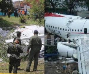 Una plana que muestra ambos accidentes y al fondo la casa verde que ha sido testigo de estos dos percances aéreos y ha salido ilesa. (Foto: El Heraldo Honduras)