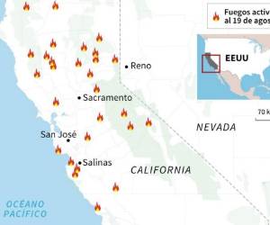 Localización de los focos de incendio activos en California. Infografía: AFP.