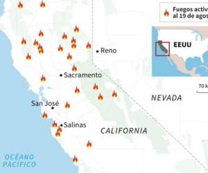 Localización de los focos de incendio activos en California. Infografía: AFP.