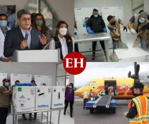 Un total de 59,670 dosis de vacunas anticovid llegaron este miércoles a Honduras, como parte de un primer lote de compra realizado por el Gobierno a la farmacéutica estadounidense, Pfizer BioNTech.En el recibimiento de los insumos estuvieron presentes autoridades del Poder Ejecutivo, entre ellas, el presidente Juan Orlando Hernández y la titular de Salud, Alba Consuelo Flores. FOTOS: David Romero/EL HERALDO