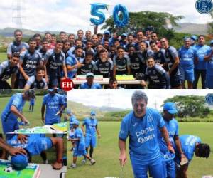 Cuerpo técnico y jugadores del Ciclón sorprendieron al DT Diego Vazquez en su cumpleaños 50. La sorpresa ocurrió durante el entrenamiento del sábado en el complejo Atala Simón. Aquí las imágenes del festejo. Fotos: Motagua en redes sociales.