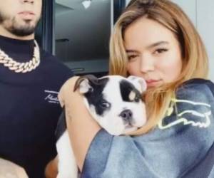 Karol G carga a su perro, de quien publicó una foto que causó gran polémica en las redes sociales.