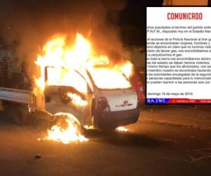 Así quedó el vehículo de la Policía Nacional al ser prendido en llamas. La Ultra Fiel niega responsabilidad.