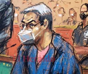 Retrato del expresidente hondureño Juan Orlando Hernández durante su segunda audiencia en Nueva York.