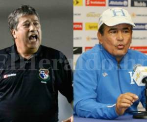 Hernán Bolillo Gómez y Jorge Luis Pinto, entrenadores colombianos de Panamá y Honduras, respectivamente. (Fotos: Ronal Aceituno / Grupo Opsa / AFP)