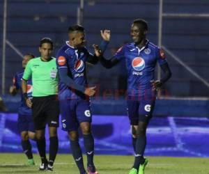 Rubilio Castillo celebra el primer gol de Motagua ante el Honduras de El Progreso.