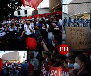 Un grupo de simpatizantes del Partido Libertad y Refundación (Libre) llegó este viernes al Congreso Nacional para condenar la sesión preparatoria que juramentó a Jorge Cálix como presidente de la Cámara Legislativa.El lente de Diario EL HERALDO captó la movilización y la llegada de algunos de los diputados de Libre que decidieron sumarse. Fotos: Emilio Flores | EL HERALDO.